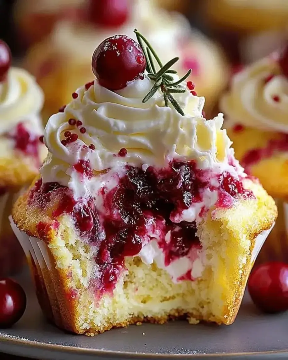 Delicious Christmas Cranberry Cheesecake Cupcakes fresh out of the oven, topped with glossy cranberry sauce.