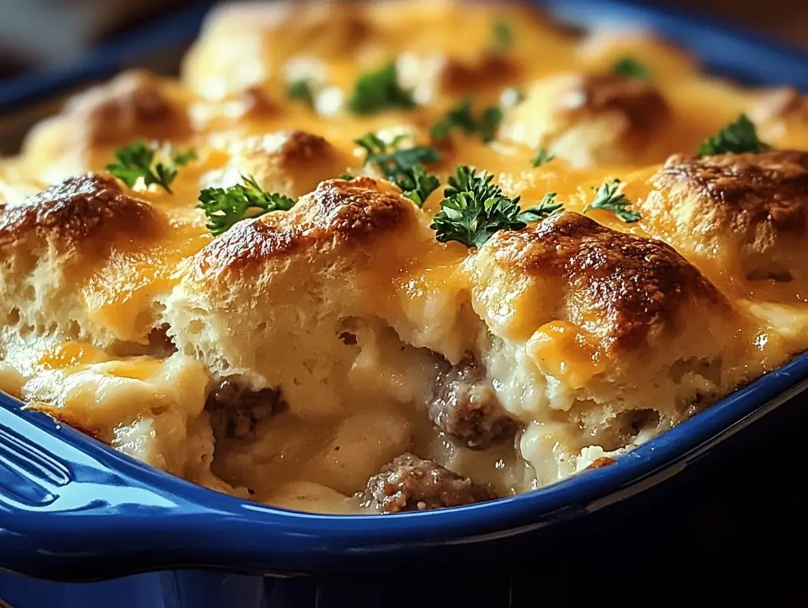 Golden, cheesy easy biscuits and gravy casserole fresh out of the oven