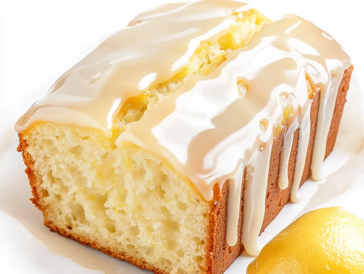 Sliced lemon loaf with glaze dripping, ready for serving on a wooden board