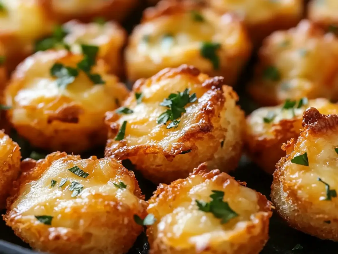 Close-up of assembled beef-filled crescent roll bites on a baking sheet, showcasing the golden, flaky exteriors before baking.