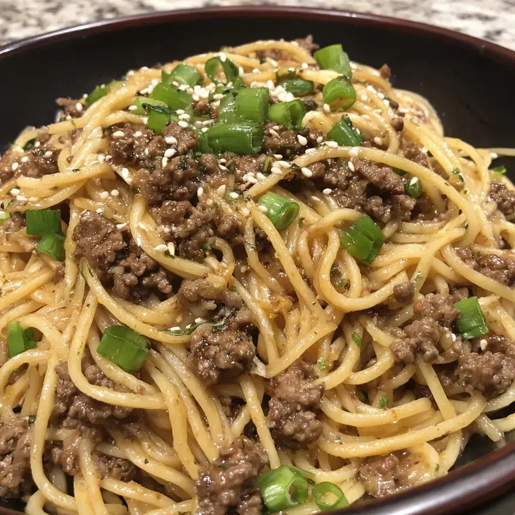 Plated Mongolian Beef Noodles with garnishes, steamy and inviting