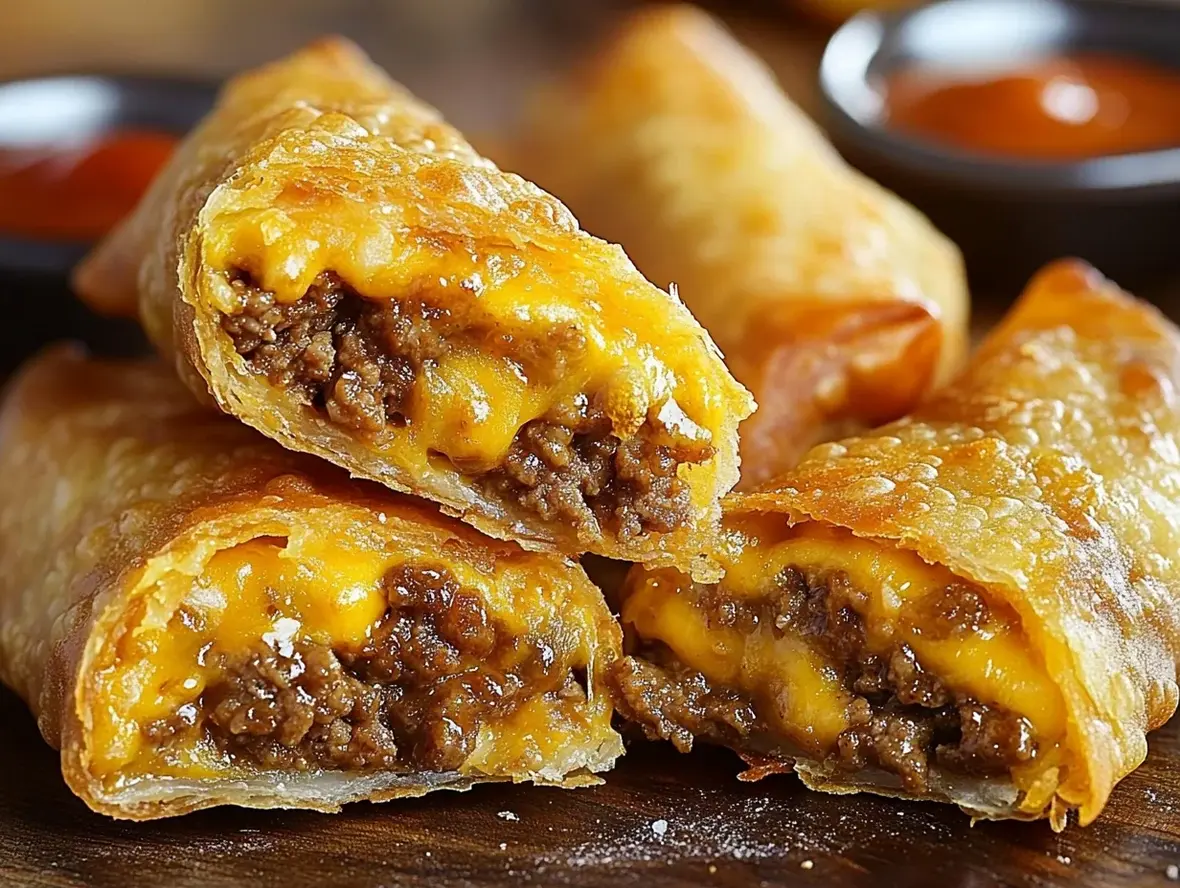 Crispy Cheeseburger Egg Rolls ready to serve, with melted cheese oozing from the golden wrapper