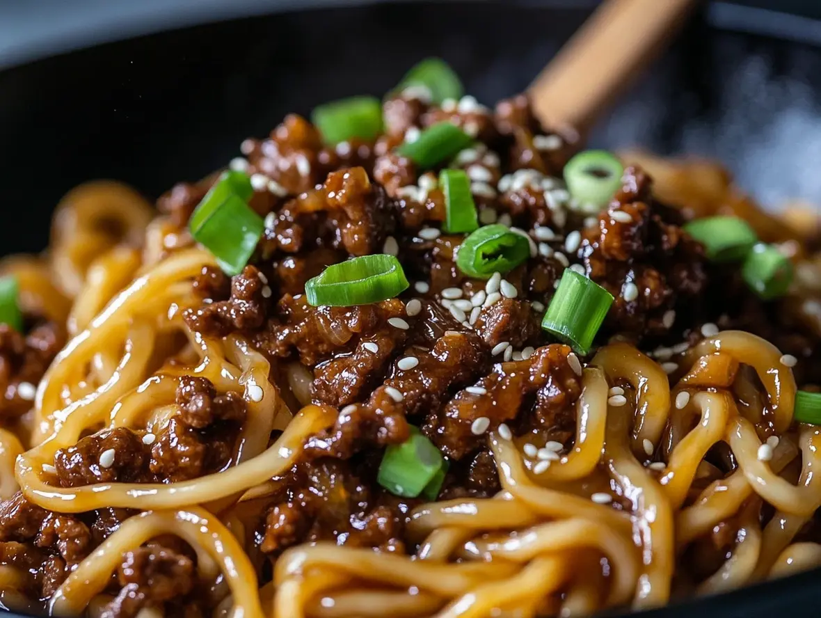 Served Mongolian Ground Beef Noodles