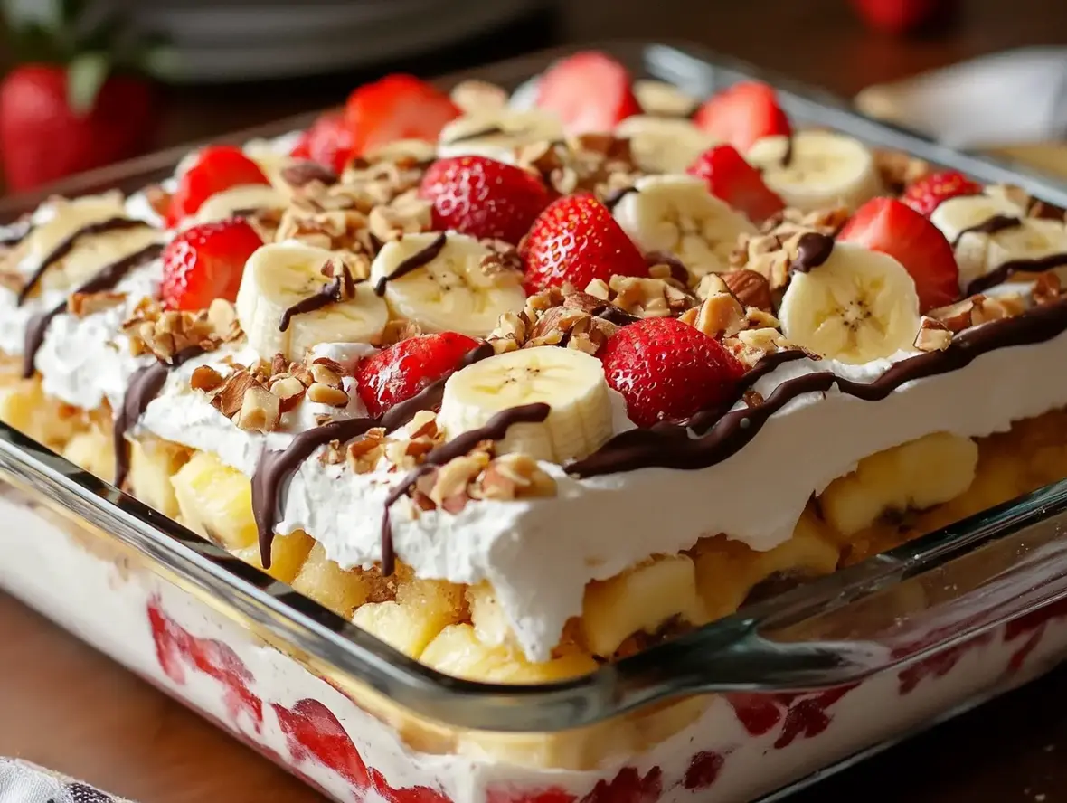 Sliced pieces of finished No-Bake Banana Split Cake with toppings and sauces