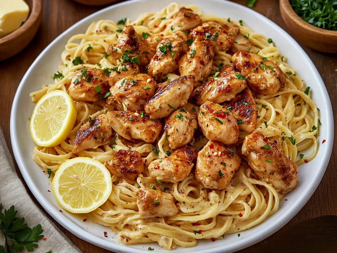 Close-up of Cowboy Butter Chicken Linguine with garnishes