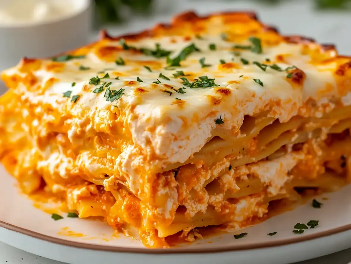 A plated slice of finished Buffalo Chicken Lasagna, steaming hot with melty cheese and sauce.