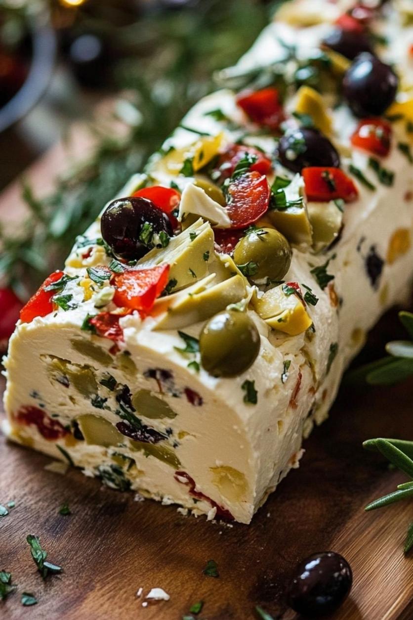 Close-up of the Antipasto Cream Cheese Log on a platter with crackers