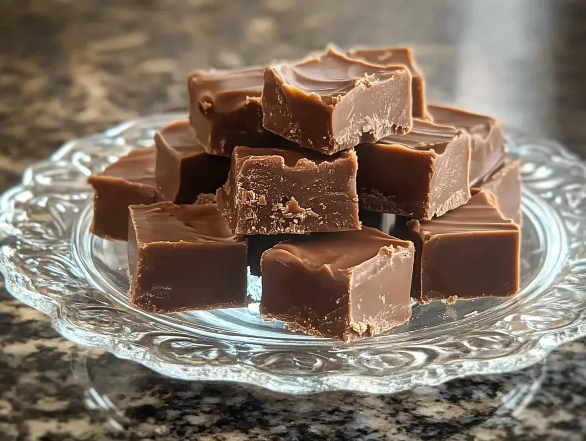 Slices of old-fashioned fudge placed on decorative plates with garnishes