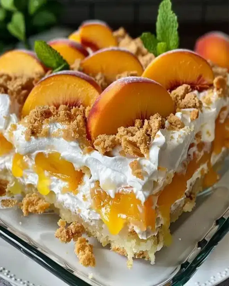 A finished slice of the peach cobbler poke cake adorned with whipped cream and peach garnish, ready for serving.