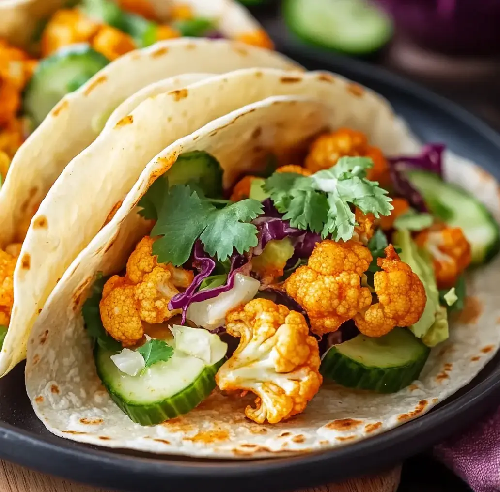 Freshly assembled spicy buffalo cauliflower wraps ready to eat