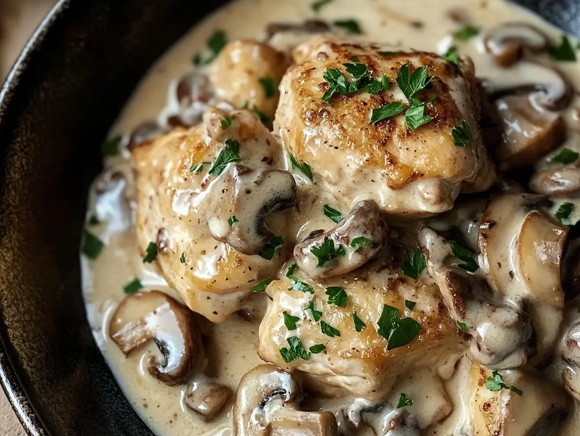 Healthy plated serving of chicken mushroom recipe with sides