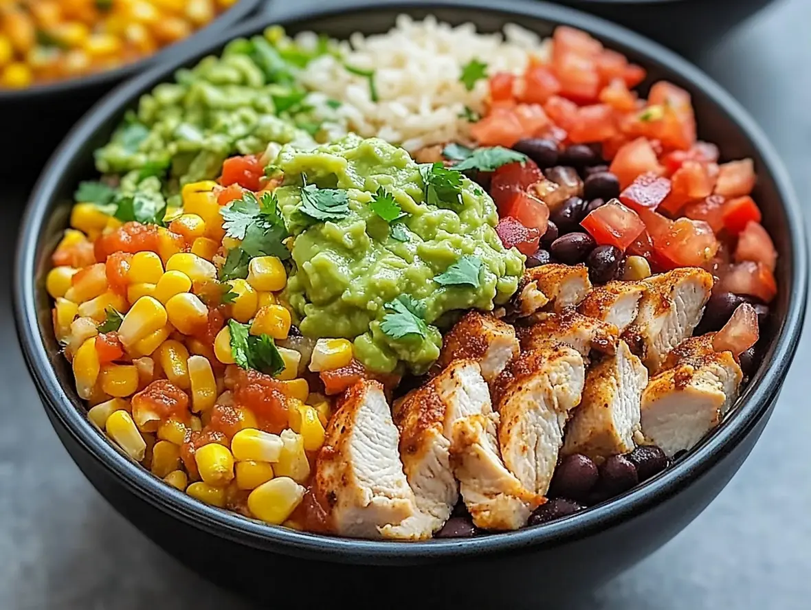 Finished easy one-pan chicken burrito bowls topped with avocado and cheese.