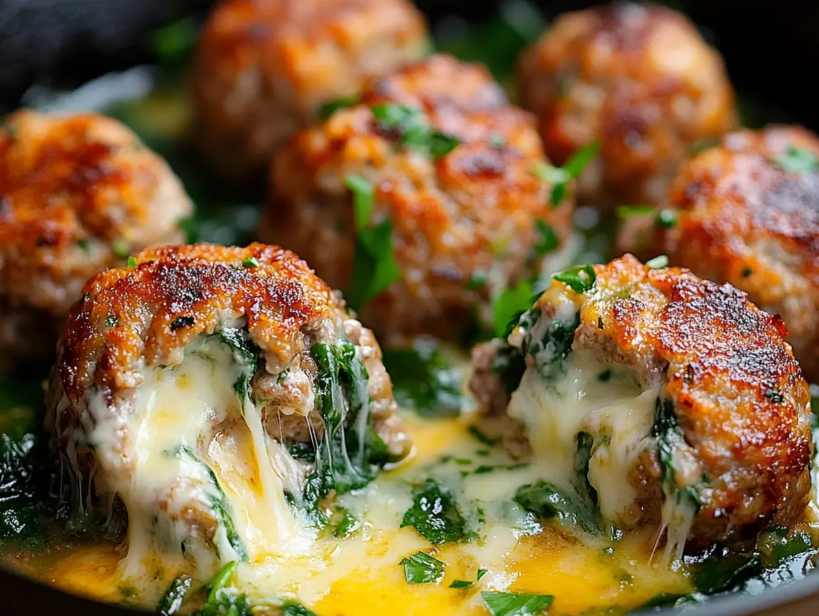 Close-up image of finished mozzarella stuffed turkey meatballs bubbling in marinara sauce with herbs garnished on top.