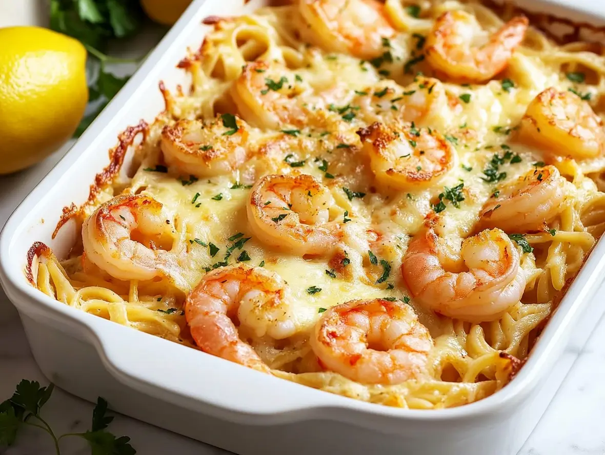 Close-up of baked shrimp scampi pasta with herbs and lemon
