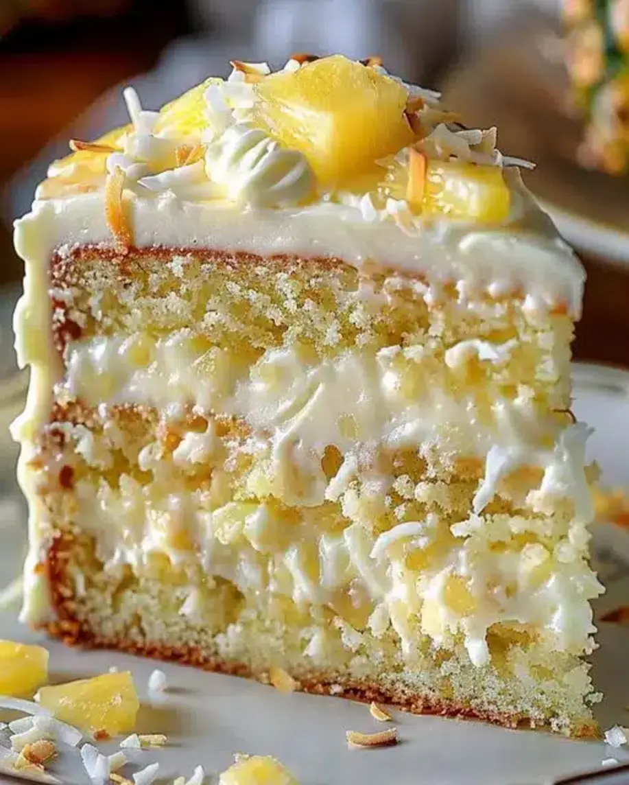 Sliced Pineapple Coconut Dream Cake with garnishes