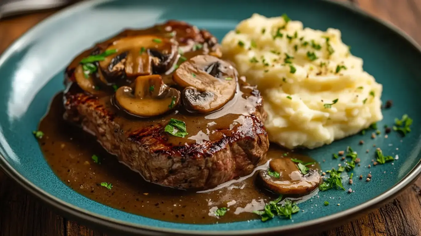 Finished tender Crockpot cube steak with gravy and side dishes