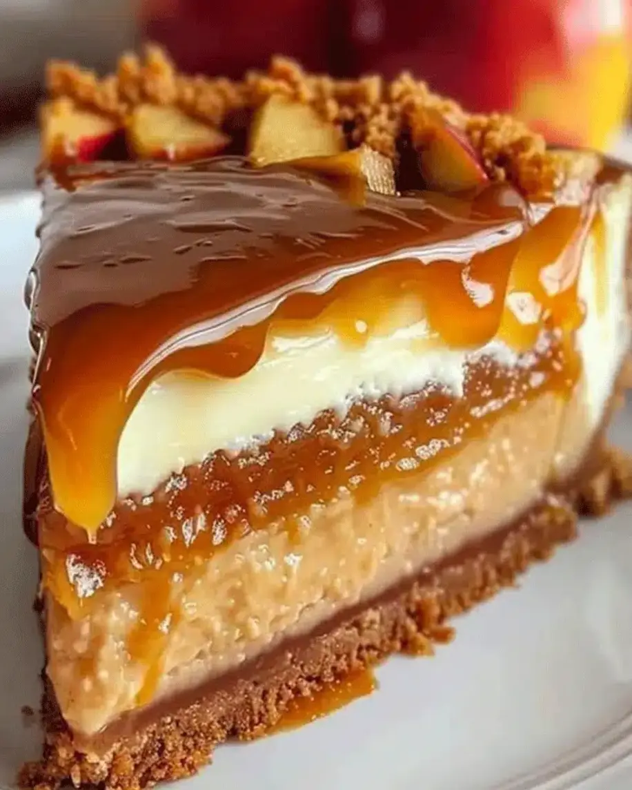 Slice of Caramel Apple Cheesecake with Whipped Cream and Caramel Topping