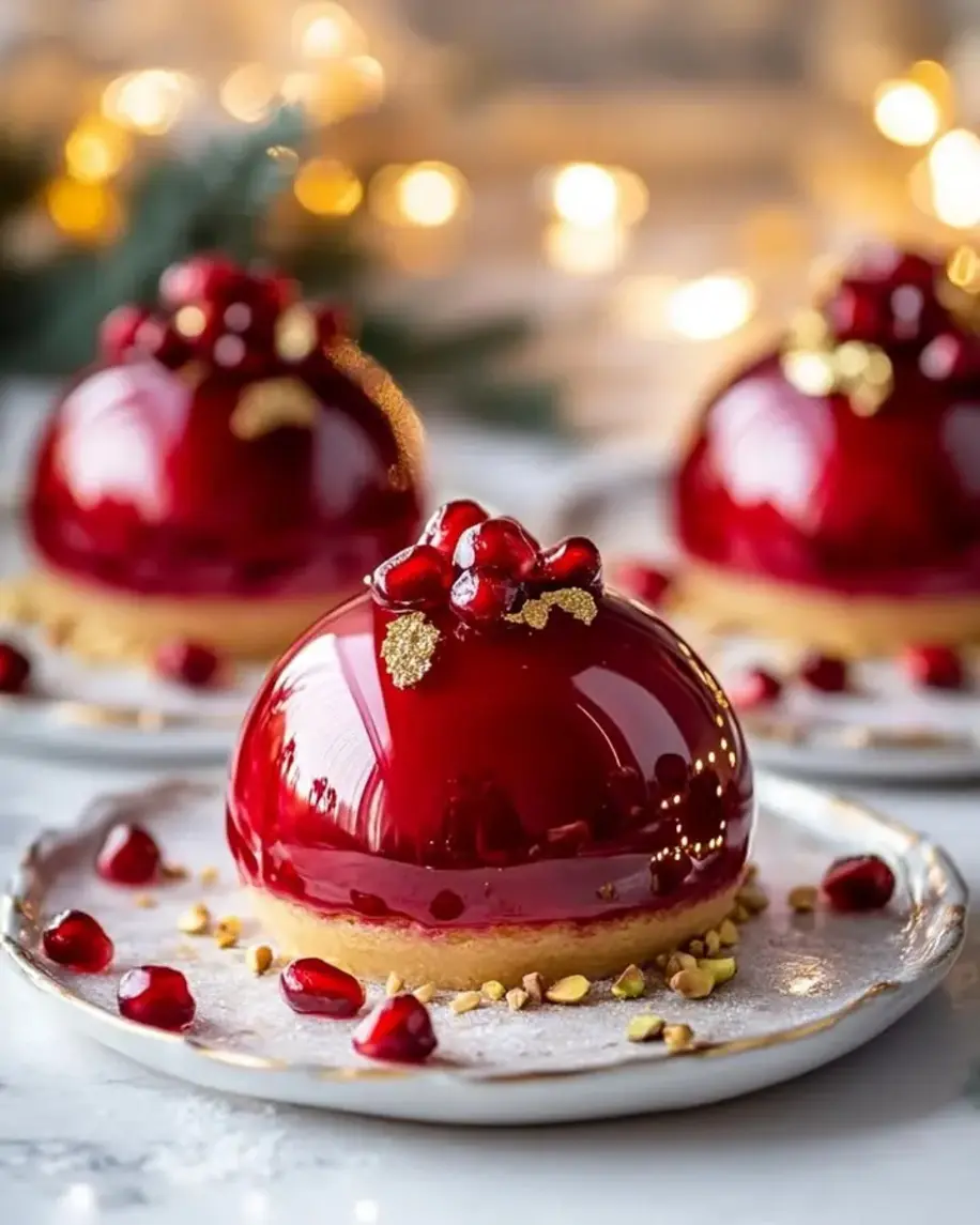 Glossy Pomegranate Mousse Domes recipe image showcasing vibrant red domes garnished with pomegranate arils