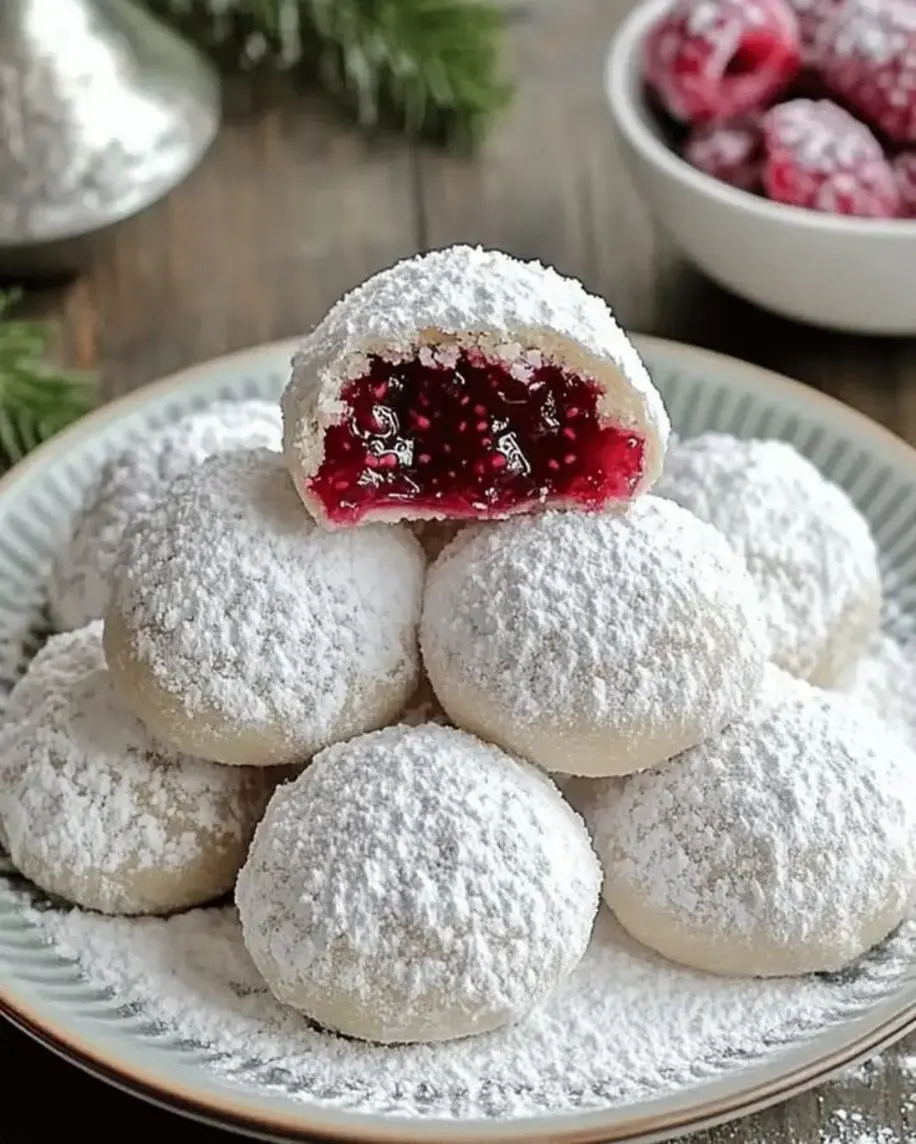 Beautiful raspberry-filled almond snow cookies dusted with powdered sugar