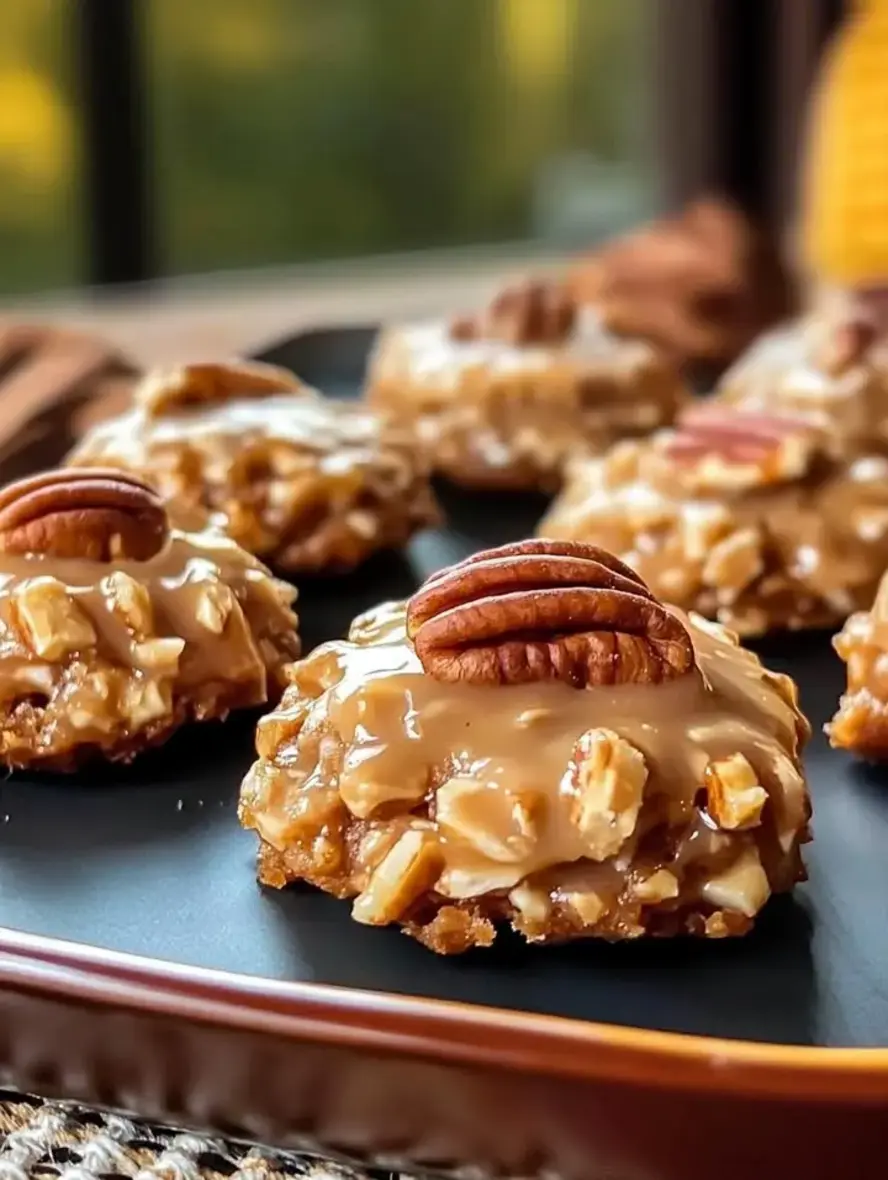 Golden-brown pecan praline cookies fresh out of the oven, dusted with chopped pecans for a crunchy topping