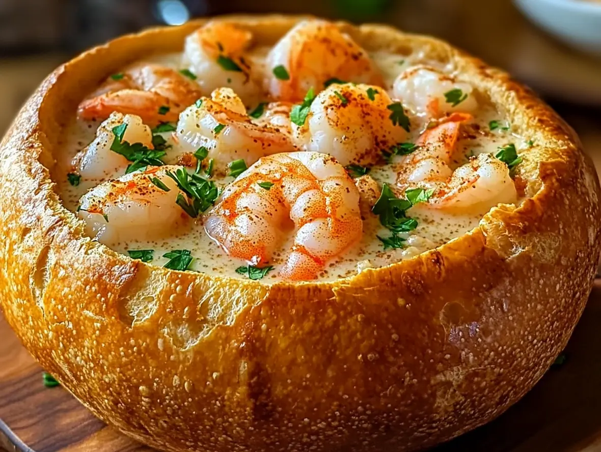 Finished stuffed seafood bread bowl, golden and bubbly, ready to serve