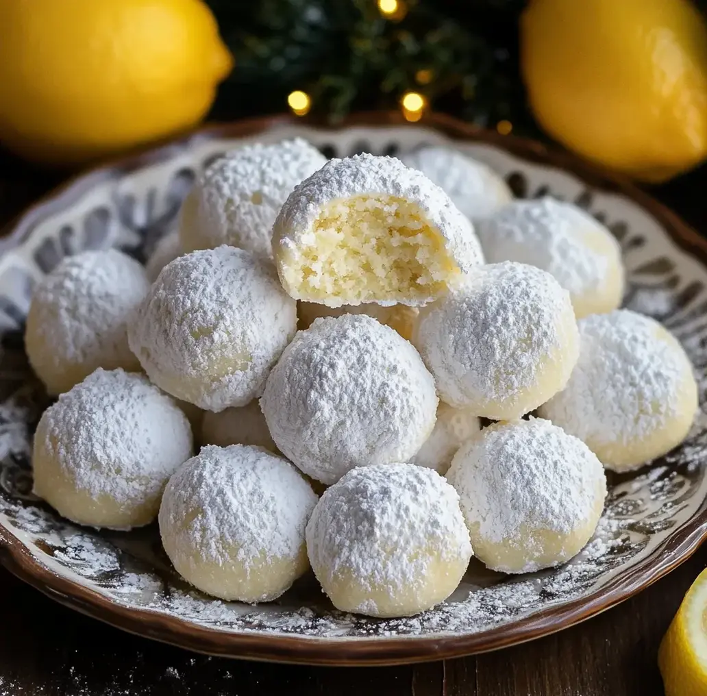 Zesty Lemon Cream Snowball Cookies fresh out of the oven, showcasing the fluffy powdered sugar coating and perfect golden edges.