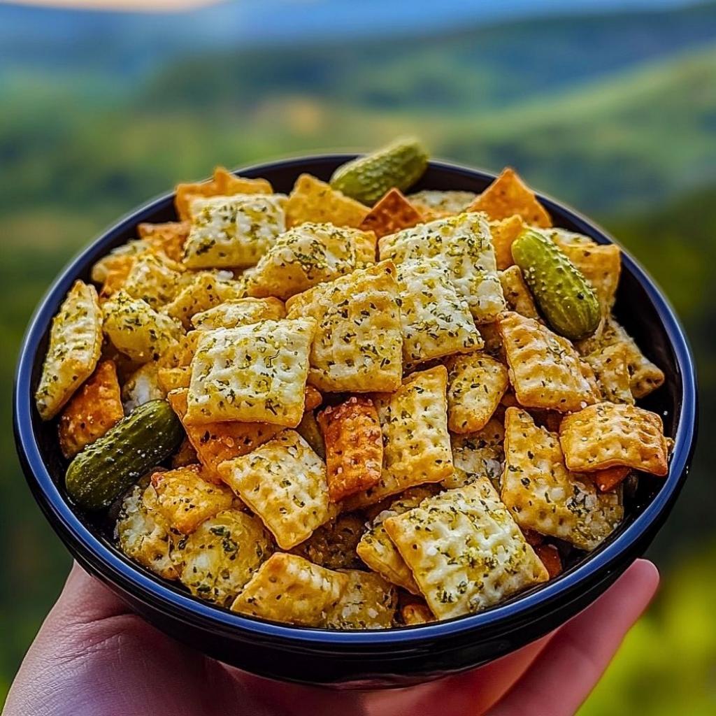 Close-up of finished dill pickle Chex mix ready to serve