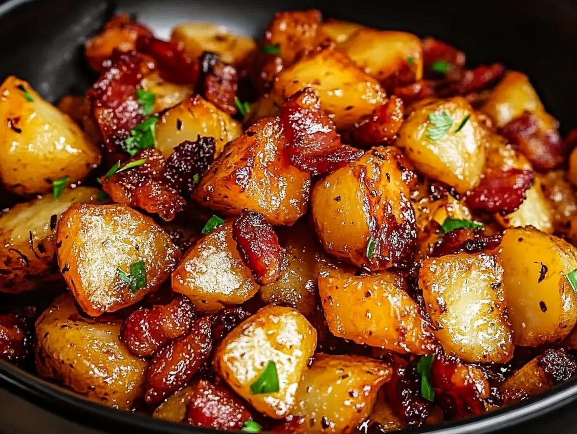 Plated honey bacon roasted potatoes with garnish, ready to eat.