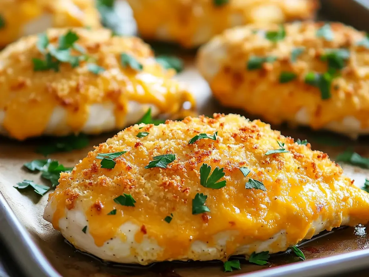 Close-up of the juicy interior of crispy cheddar chicken, showing tender, flavorful meat inside.