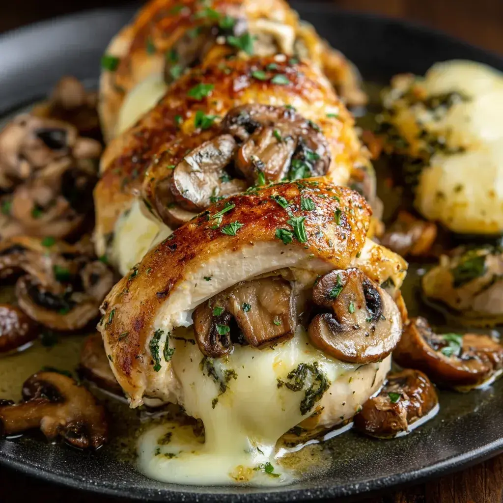 Plated Garlic Butter Mushroom Chicken with herbs and side garnishes.