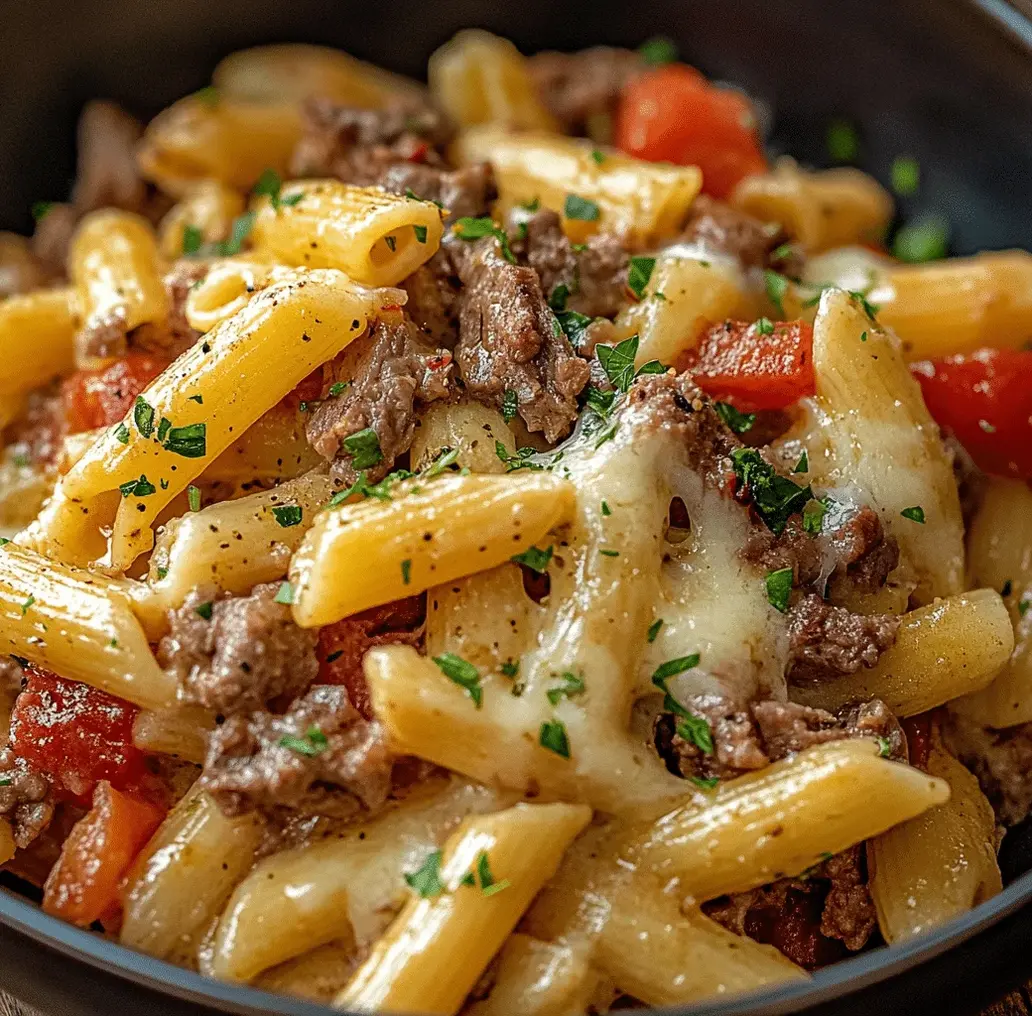 Finished creamy Philly Cheesesteak Pasta garnished and ready to serve