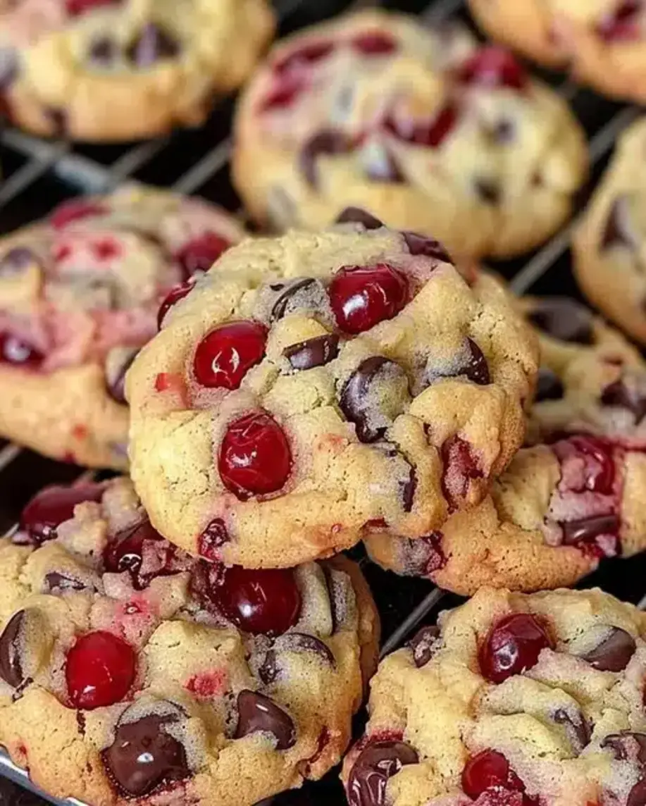 Maraschino Cherry Chocolate Chip Cookies baked and ready to enjoy