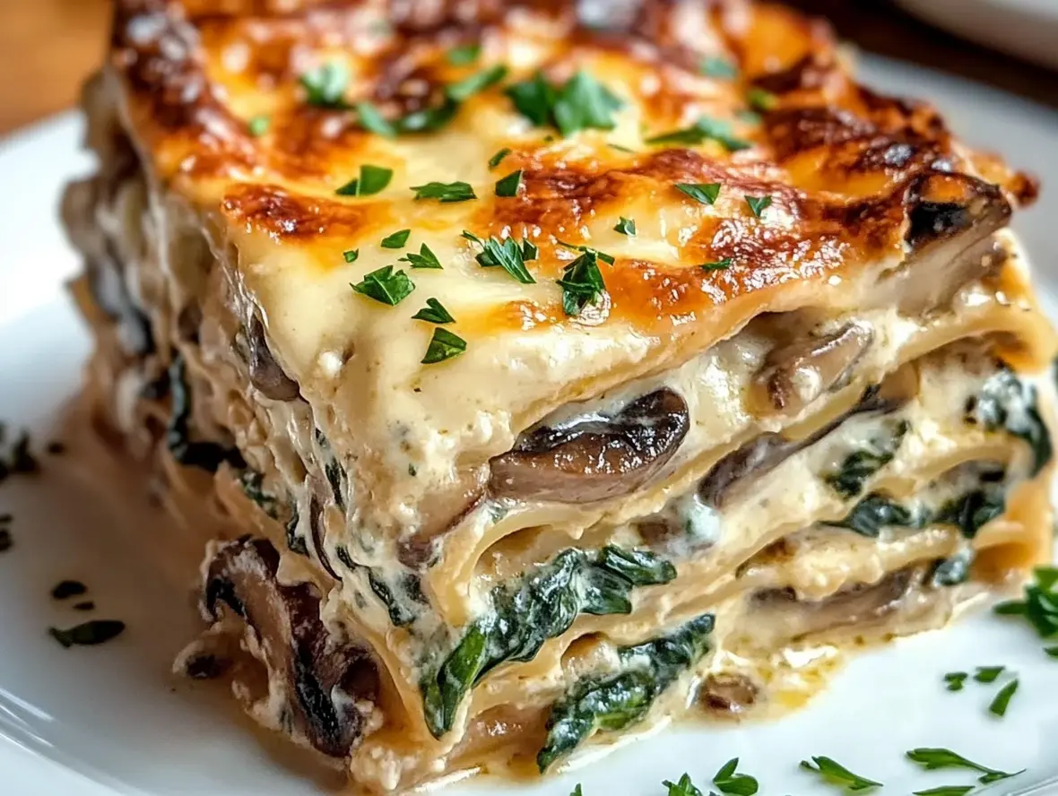 Sliced creamy spinach and mushroom lasagna on plates, ready to serve with garnishes
