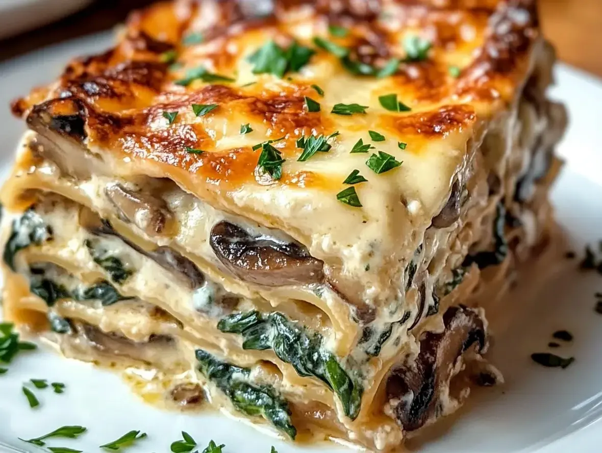 Creamy spinach and mushroom lasagna assembly in a glass baking dish, showing layers of veggies and cheese