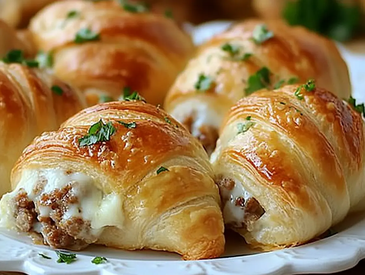 Close-up of sausage cream cheese crescent rolls on a wooden table, ready for serving, highlighting the creamy filling and crispy edges.
