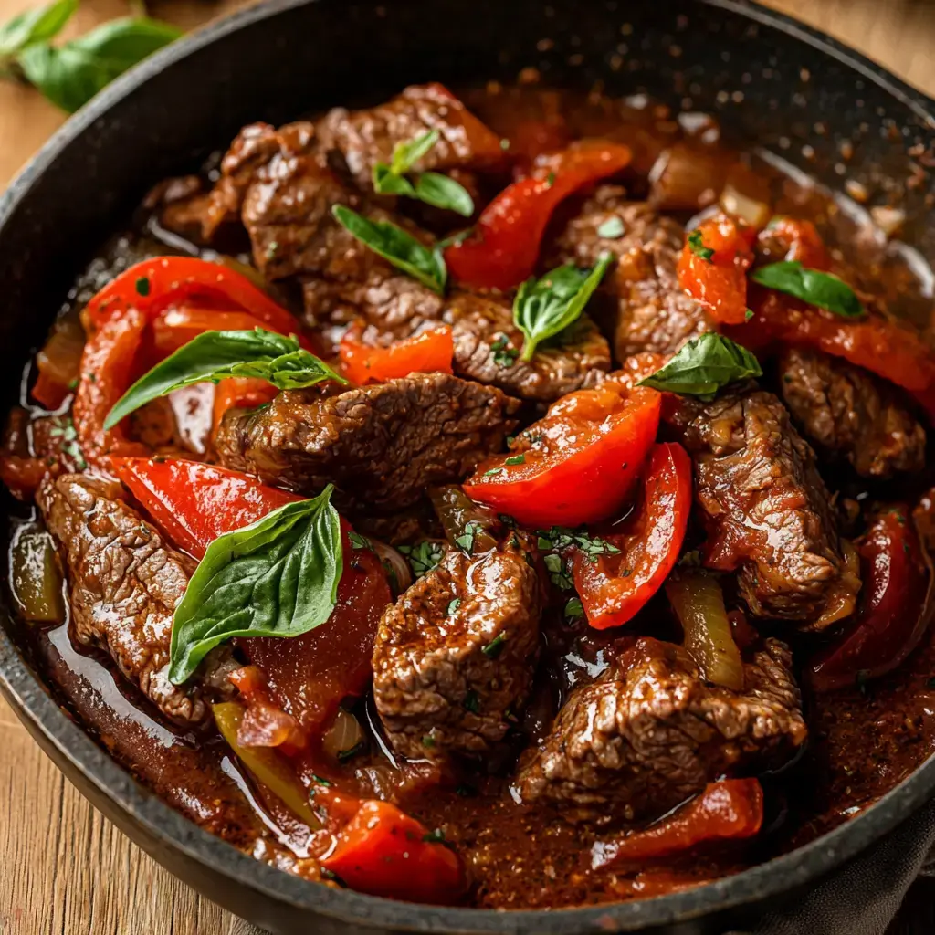 Garnished steak pizzaiola ready to serve