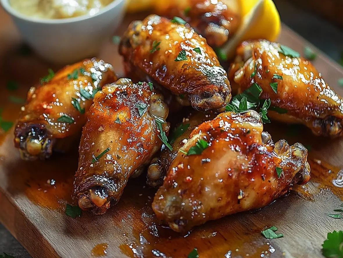 A close-up view of lemon garlic chicken wings being tossed in sauce, with fresh ingredients in the background