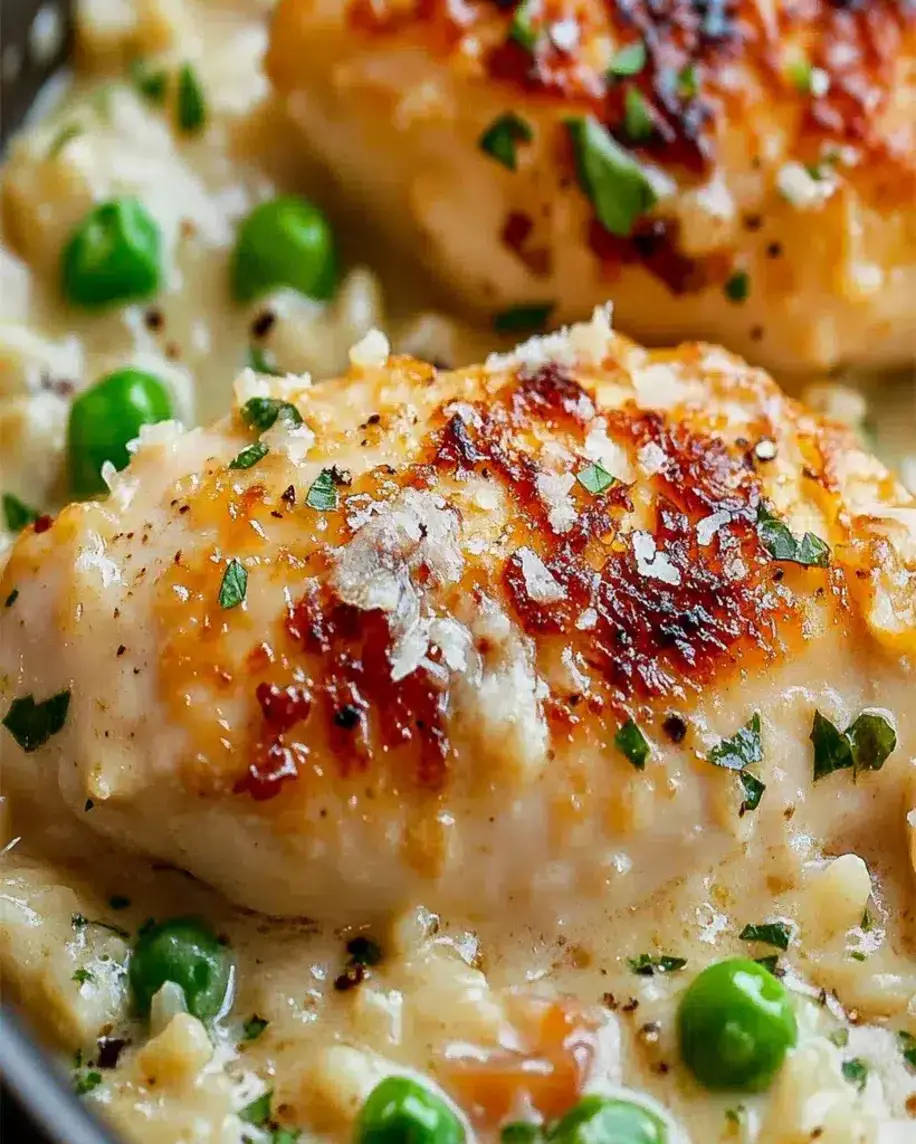 Overhead shot of a plated serving of One-Pan Creamy Parmesan Chicken & Rice, garnished with parsley, ready to enjoy with utensils on the side.
