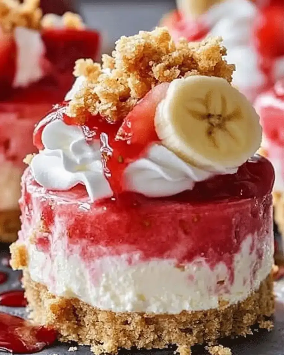 Close-up of garnished no-bake strawberry banana cheesecakes
