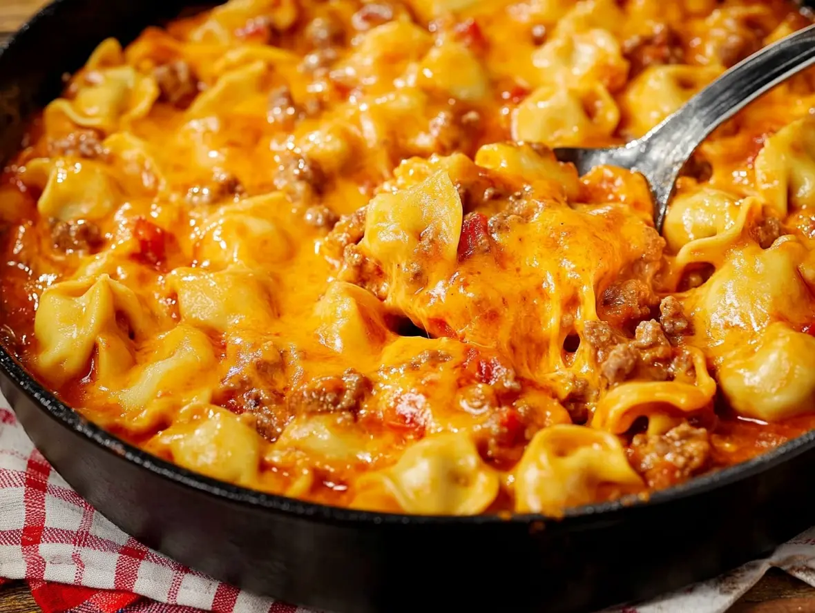 Close-up of finished Cheeseburger Tortellini Skillet with garnishes