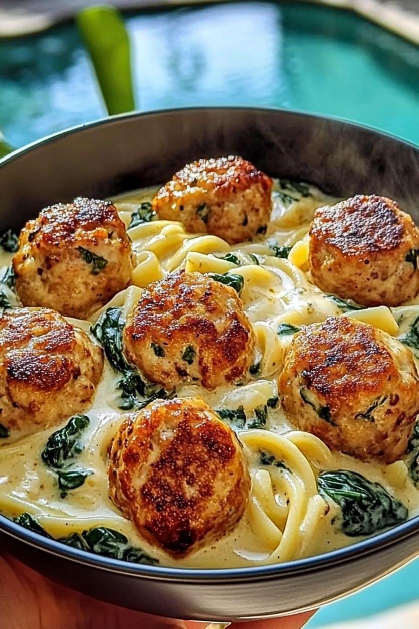 Close-up of Chicken Ricotta Meatballs on a plate with pasta, ready to be enjoyed.