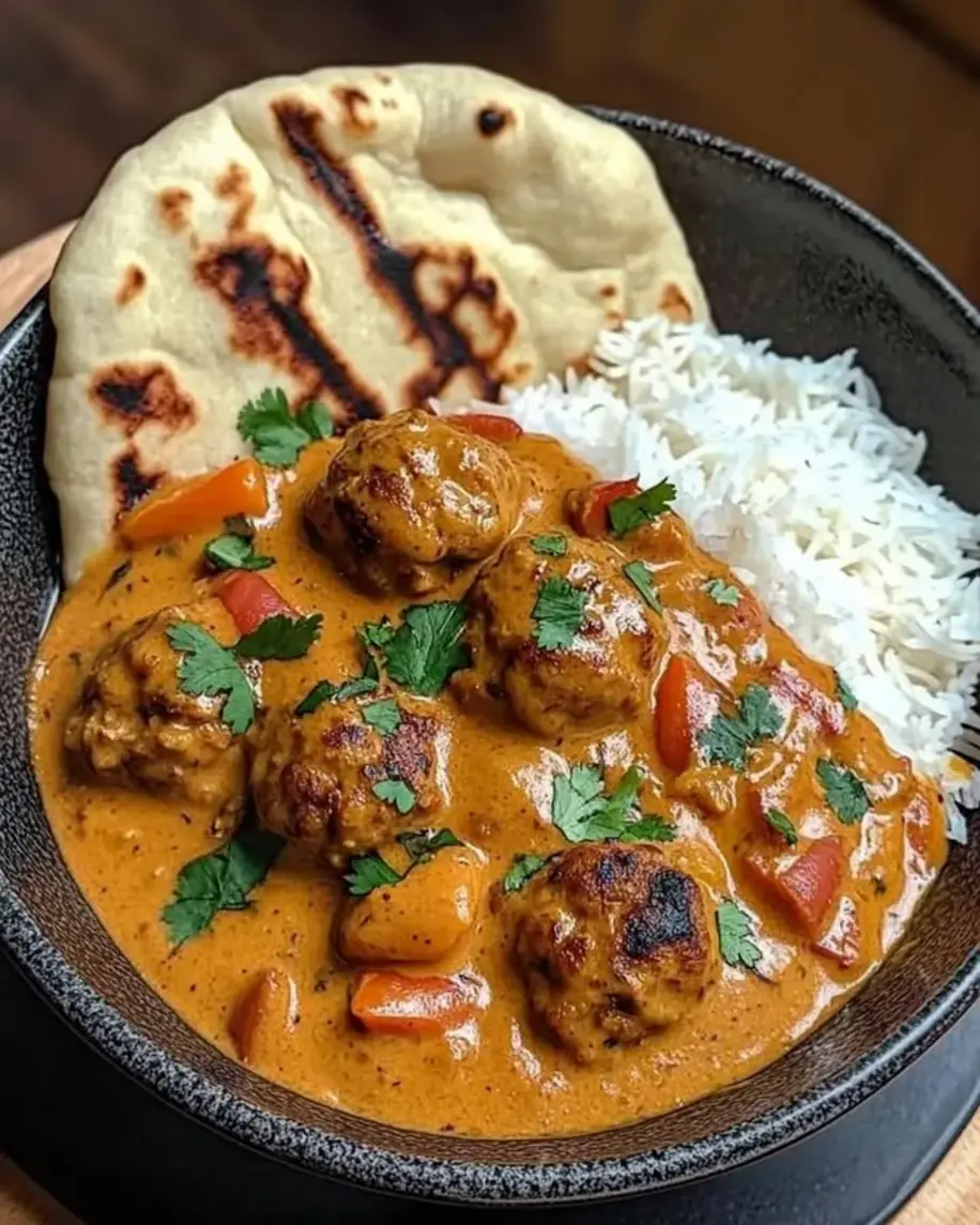 A vibrant bowl of Slow-Simmered Chicken Meatballs in Coconut Tomato Curry with Roasted Veggies, showcasing tender meatballs, creamy sauce, and colorful vegetables