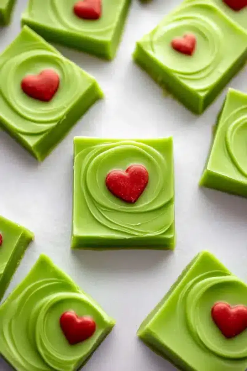 Colorful Grinch fudge pieces ready for holiday gifting