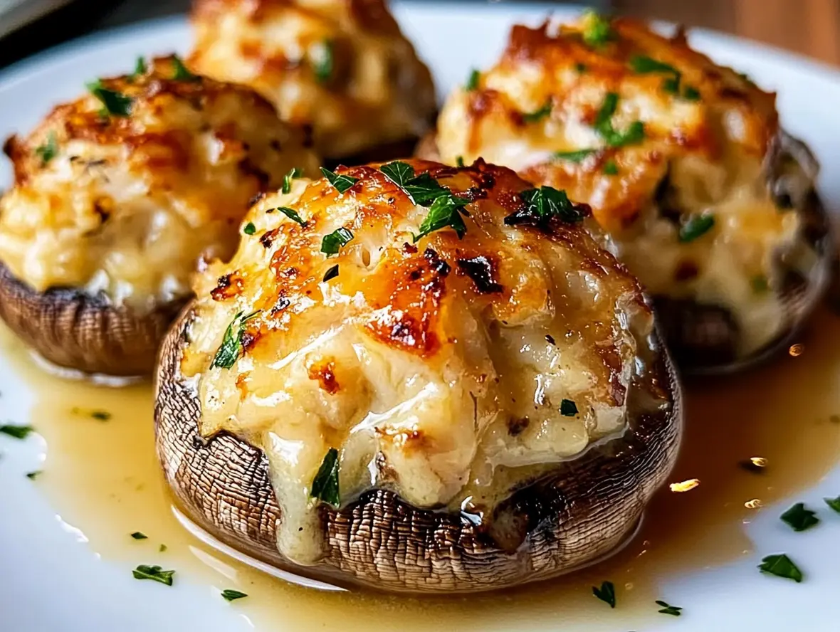 Baked easy stuffed mushrooms with crab and cheese, golden and ready to serve