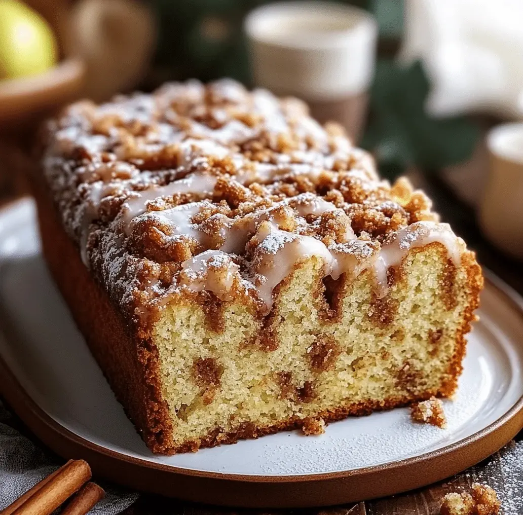 Close-up of a slice of Apple Streusel Bread on a plate with a fork, highlighting the moist interior and streusel topping
