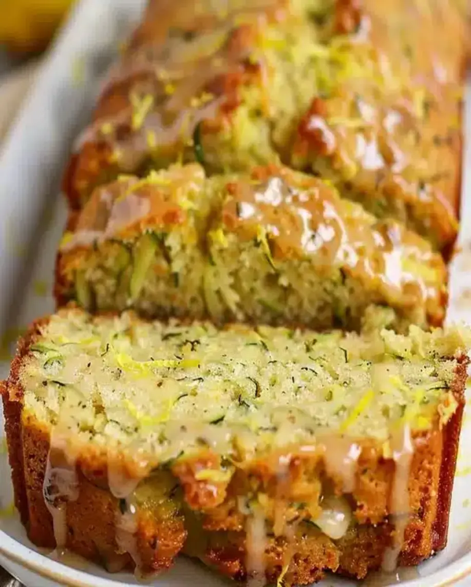 Sliced lemon zucchini bread on a plate, ready for serving with a fresh lemon garnish.