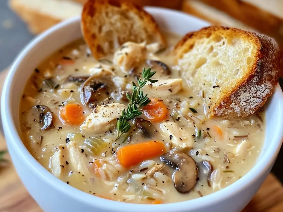 Close-up of the soup's creamy texture with visible chunks of chicken and wild rice, emphasizing its comforting appeal.