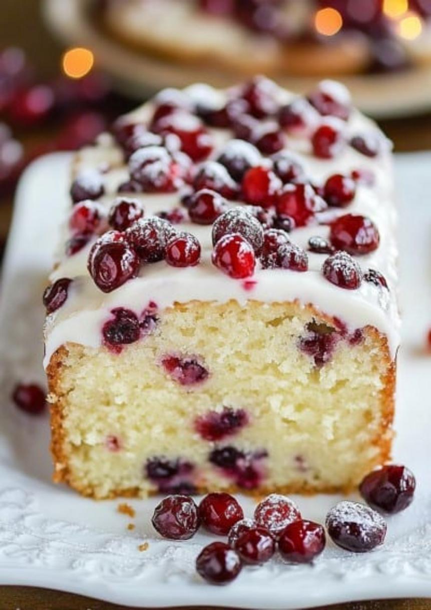 Close-up of the finished Christmas Cranberry Pound Cake, highlighting the cheesecake swirls and cherry toppings.