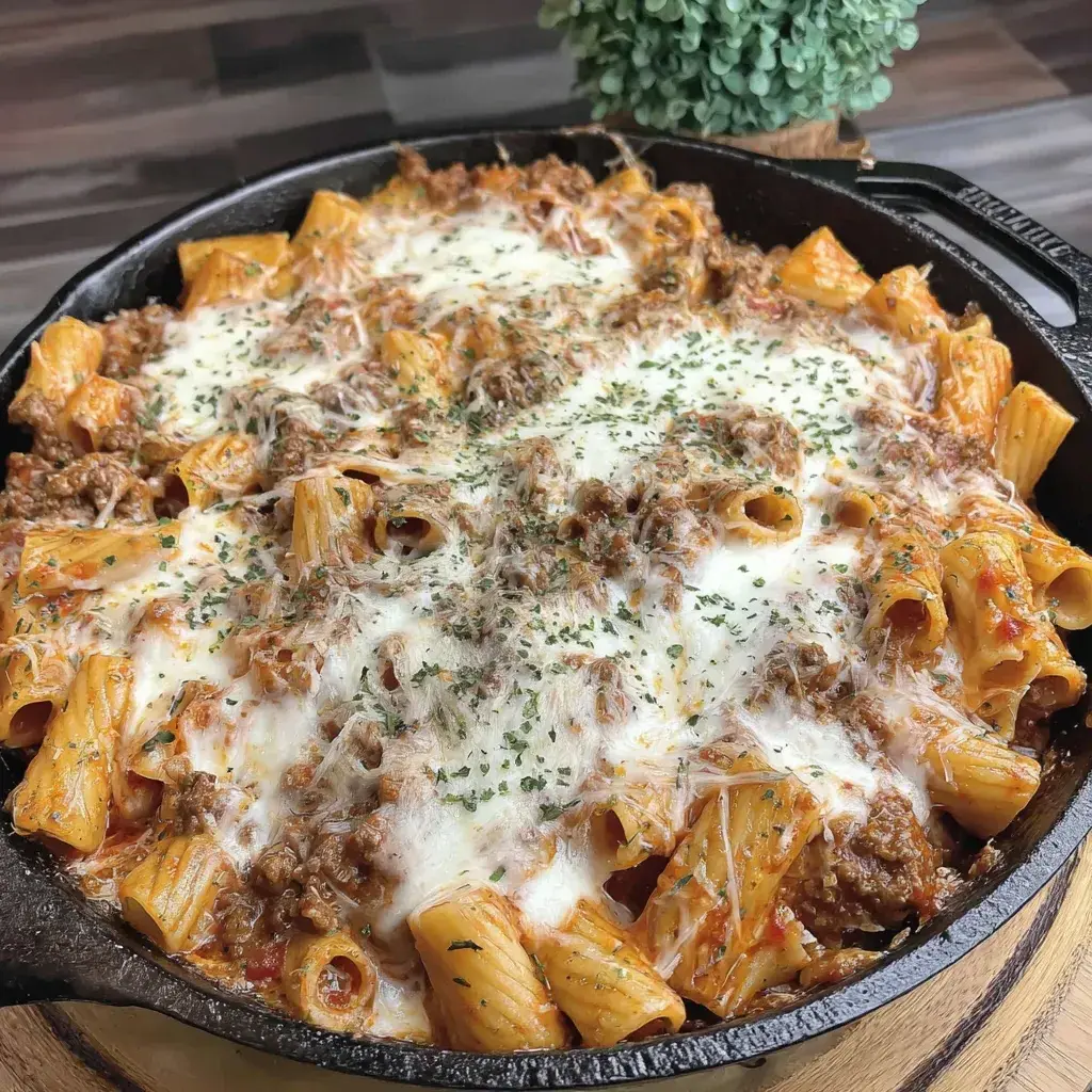Finished Lazy Lasagna Skillet with melted cheese and herbs