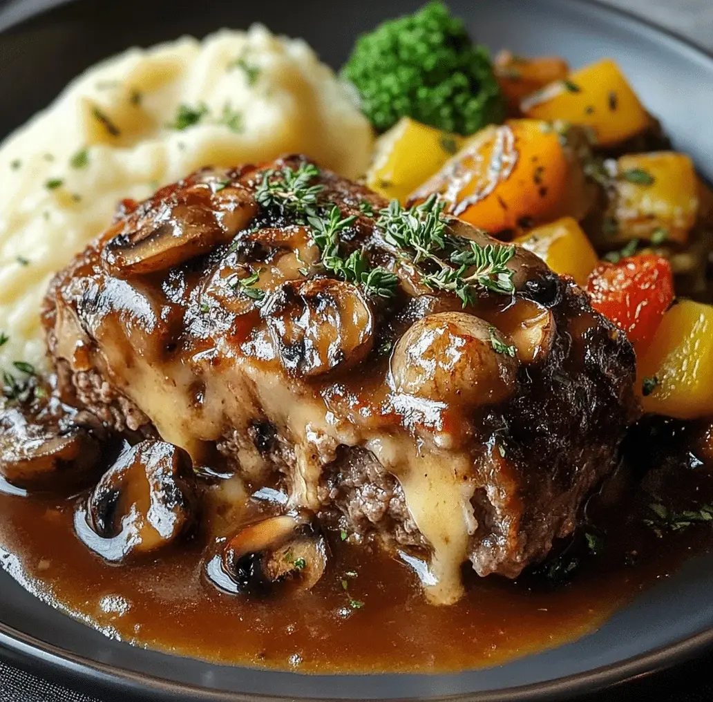 Sliced Mushroom Swiss Cheese Meatloaf ready to serve